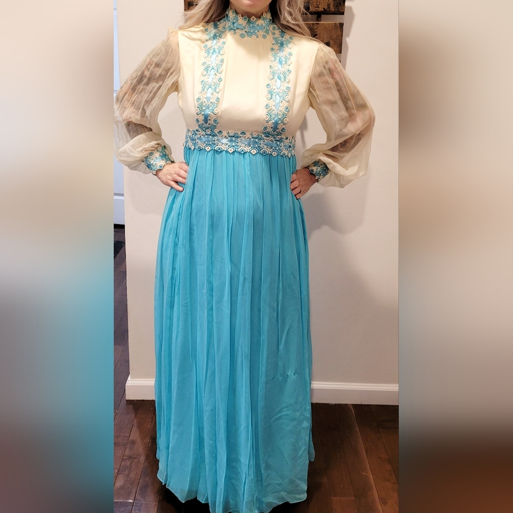 Vintage 1970s blue and ivory tulle embroidered floral maxi dress gown - Picture 4 of 14